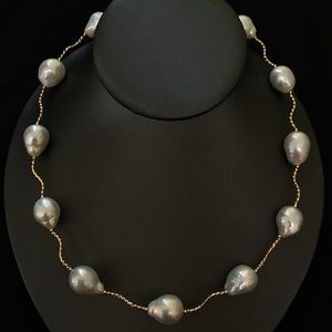 NWT LARGE BAROQUE PEARLS GOLD TWIST TUBE NECKLACE